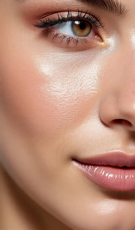 Close-up of a woman's face showcasing smooth glowing skin, brown eye with long lashes, and glossy pink lips