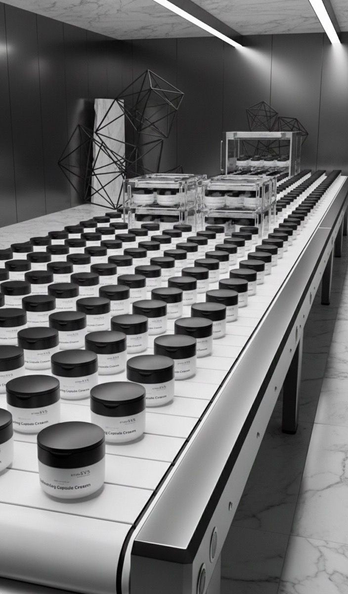 Conveyor belt with jars on a checkered floor in a modern setting