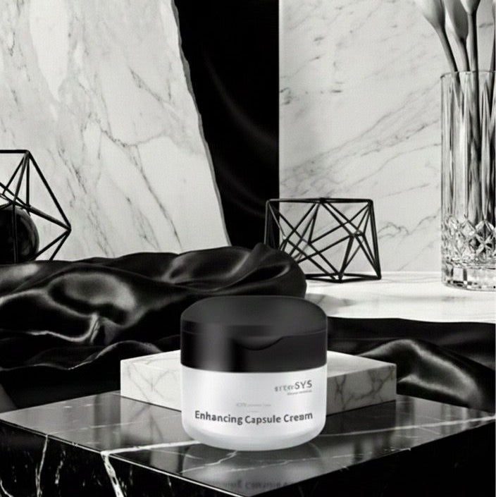 Black and white product image on a marble surface with decorative elements.