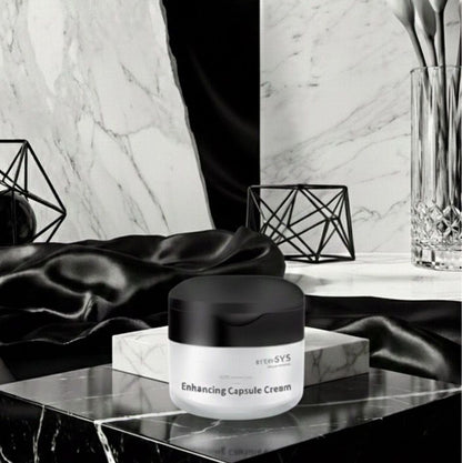 Black and white product image on a marble surface with decorative elements.