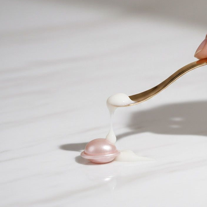Gold spoon with a small amount of cream on a white surface