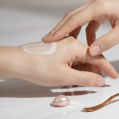 Hand applying cream to another hand on a neutral background