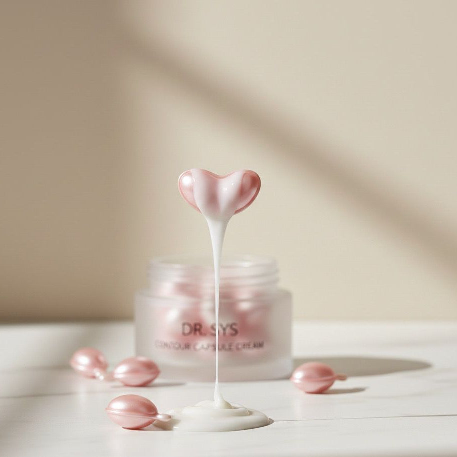 Pink skincare tool with cream being squeezed onto a white surface, with 'DR. SYS' branding visible.