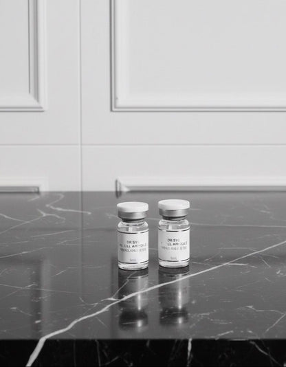 Two small white bottles with silver caps on a dark marble countertop against a light gray wall.