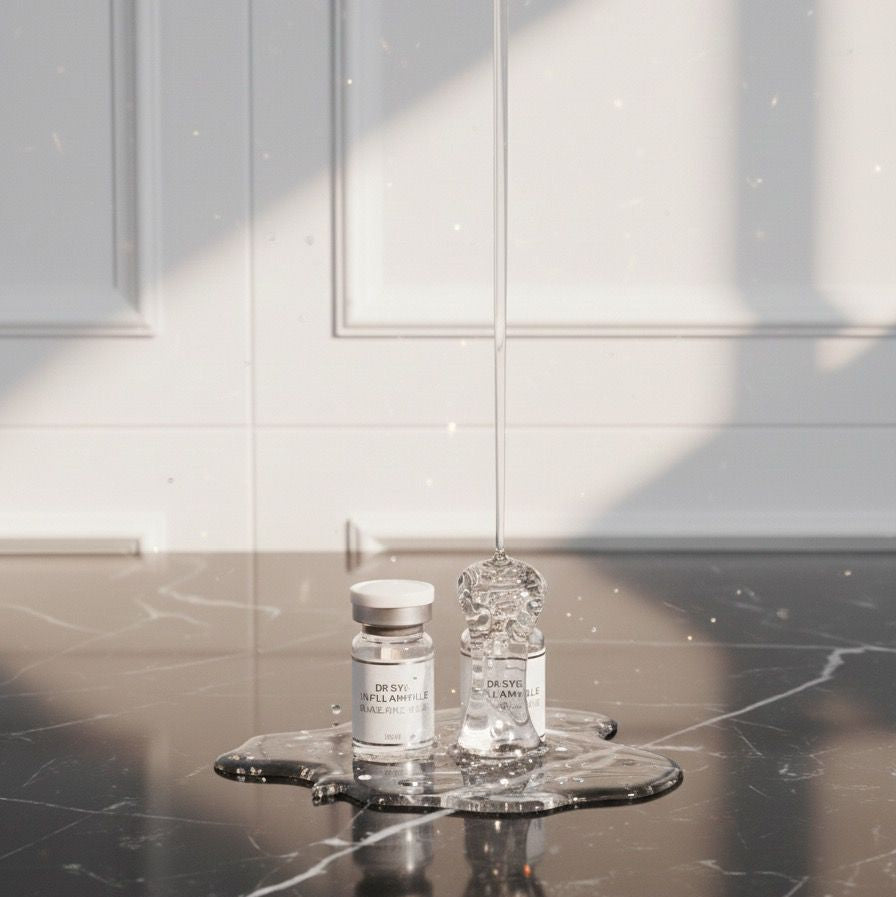 Two glass bottles on a black marble surface with a light gray wall in the background.