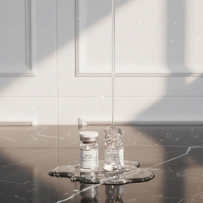 Two glass bottles on a black marble surface with a light gray wall in the background.