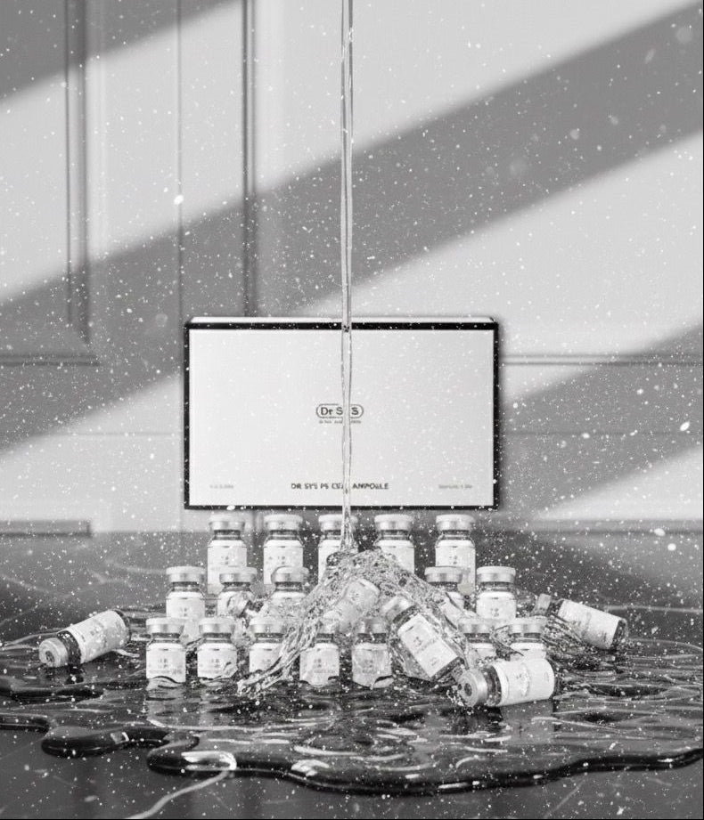 Black and white image of a product display with bottles and a screen.