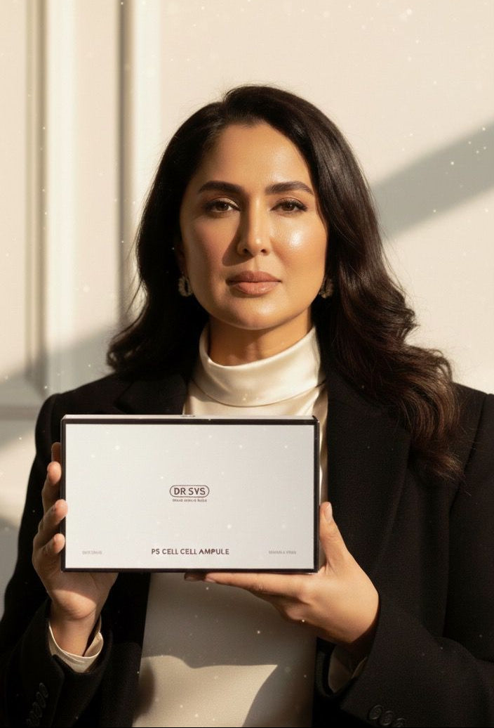 Woman holding a white box with a brand logo against a neutral background