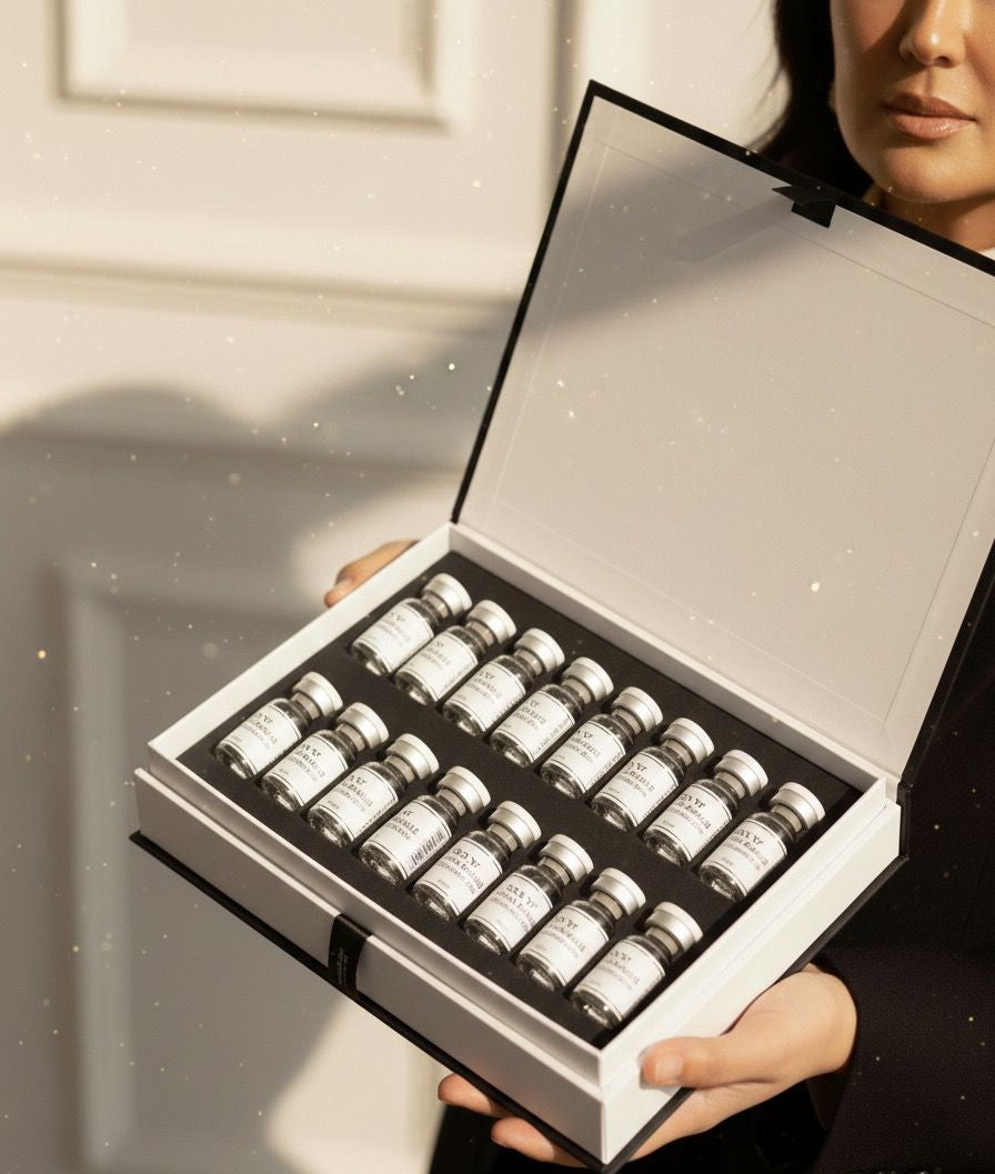 Person holding an open box of small bottles, likely containing skincare products.