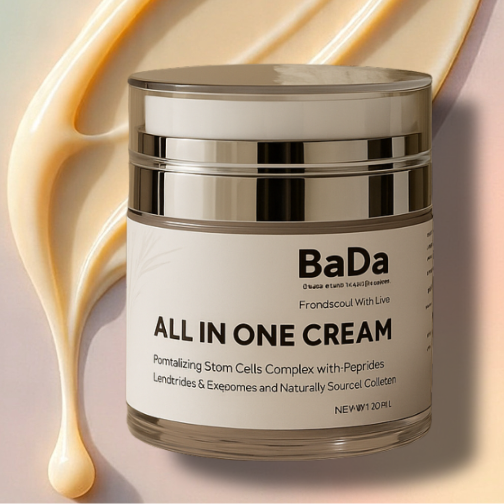 BaDa All in One Cream jar on a beige background